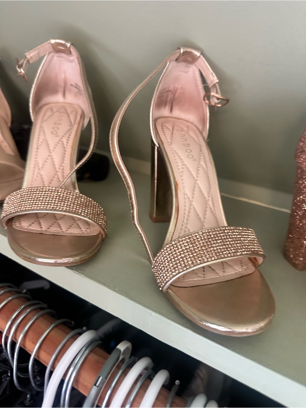 BAMBOO Gold Rhinestone Block Heel Sandals